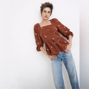 Madewell Amie Floral Embroidered Puff-Sleeve Peplum Top - Size Small